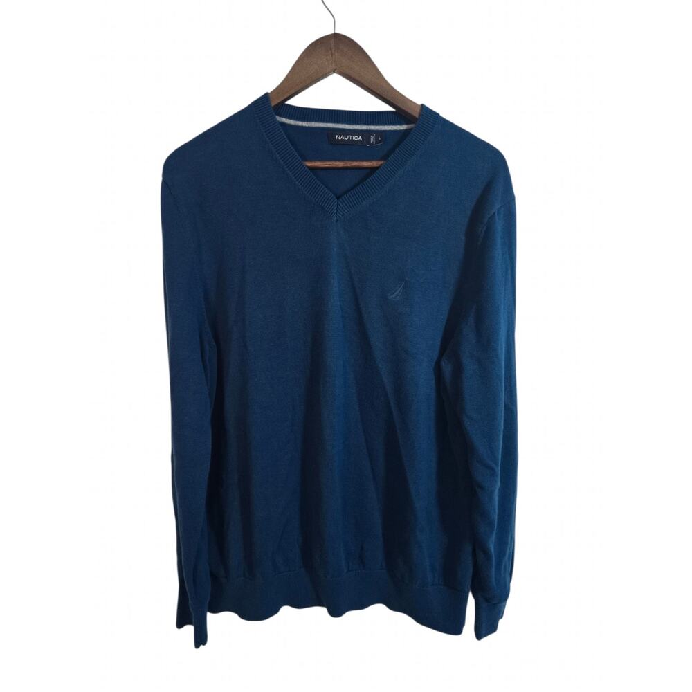 Nautica Men’s Blue V‑Neck Sweater Size L – Classic Soft Knit